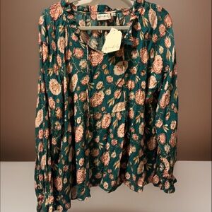 NWT Wonderly Floral Smocked Blouse Sage Green Boho Cottagecore Peasant Top Sz Lg